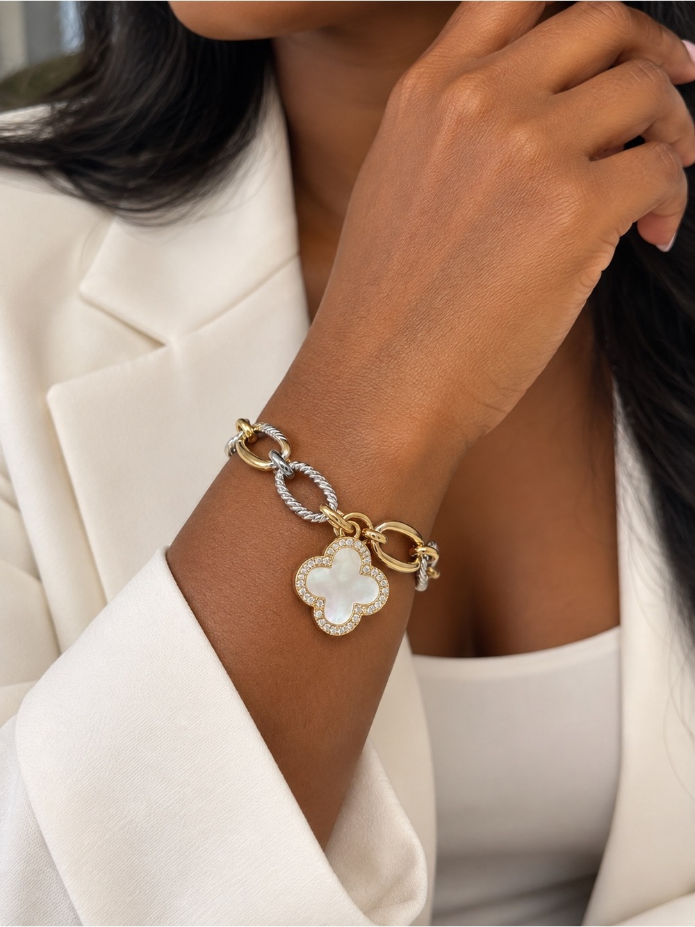 Gold & Silver Two-Tone Clover Pendant Bracelet with Mother-of-Pearl. 6-8 Inches